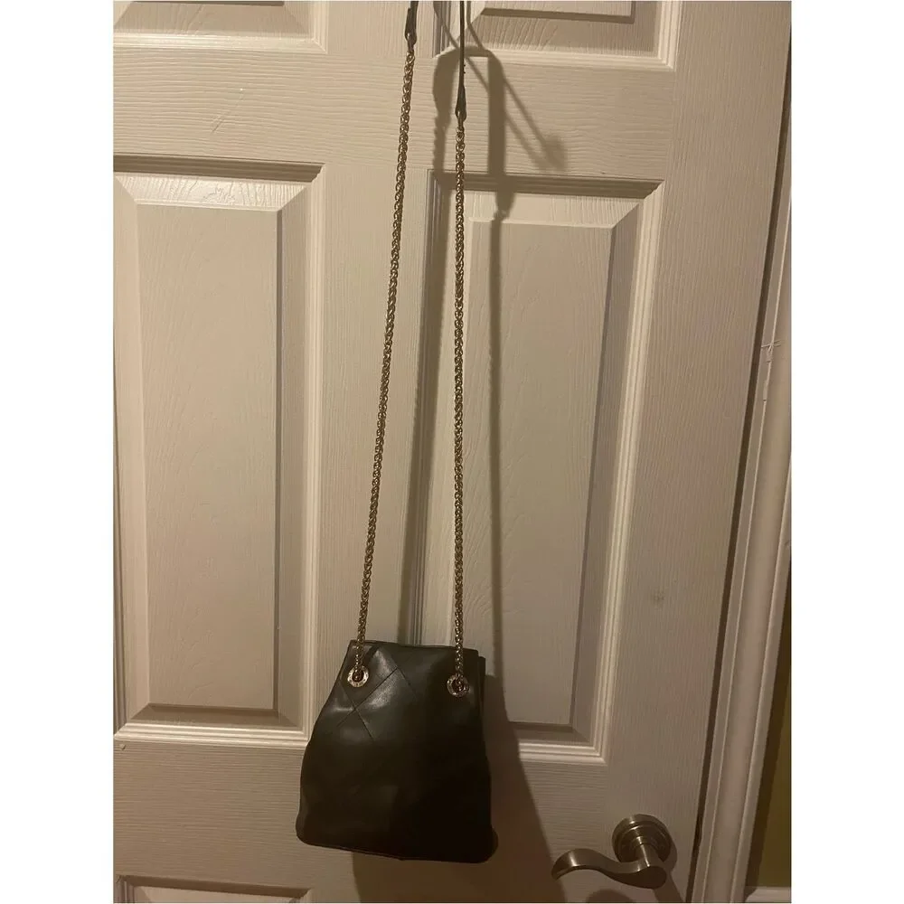 Anne Klein syntheticBlack Quilted Bucket Crossbody with Gold Chain strap &accent